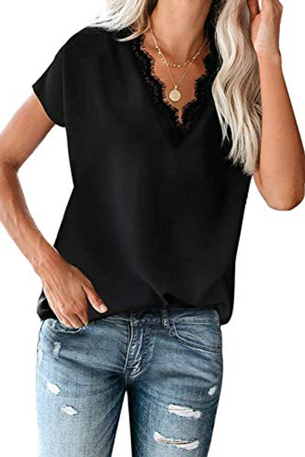 Mosucoirl Women Lace Trim V-Neck Lace Camisole Tank Tops Casual Loose Blouse Shirts-BlackX-Large-