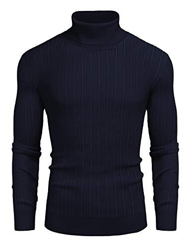 COOFANDY Men's Slim Fit Turtleneck Sweater Cotton Ribbed High Neck Pullover Sweaters Navy Blue