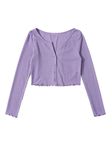 SOLY HUX Women's Button Front Lettuce Trim Long Sleeve Crop Top Waffle Knit Tee Deep Purple M