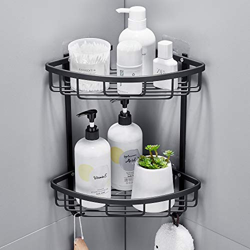 Hoomtaook Corner Shelf Bathroom Organizer Storage Kitchen Rack with Traceless Transparent Adhesive No Drilling Cornner Caddies Shower 2-tier Black