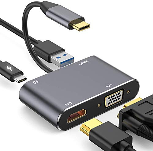 USB C to 4K HDMI VGA Adapter 4 in 1 USB C Hub with HDMI 1080P VGA USB 3.0 Type C PD Charging Port for MacBook Pro - Air - iPad Pro - Dell XPS - Samsung Galaxy - Nintendo Switch