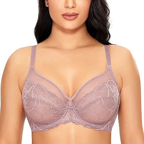 DOBREVA Women's Lace Minimizer Bra Underwire See Through Plus Size Unlined Full Coverage Rose Brown 38C