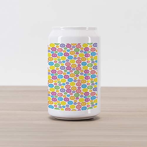 Ambesonne Modern Cola Can Shape Piggy Bank Circular Shaped Buttons Pattern in Various Sizes Print Ceramic Cola Shaped Coin Box Money Bank 4.5" X 2.5" Multicolor