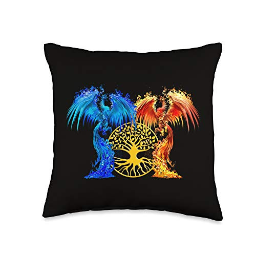 Atteestude Fantasy Fire And Ice Phoenix Yellow Tree Of Life Throw Pillow 16x16 Multicolor