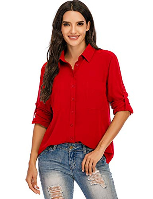 MANAIXUAN Women's Casual Long Roll Up 3-4 Sleeve V Neck Button Blouse Loose Tunic Pocket Shirts Red