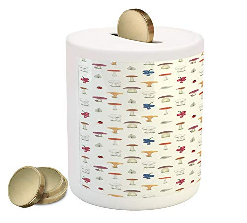 Ambesonne Mushroom Piggy Bank Chanterelles Button and Wild Fungus Repeating Pattern with Berries and Leaves Printed Ceramic Coin Bank Money Box for Cash Saving Multicolor