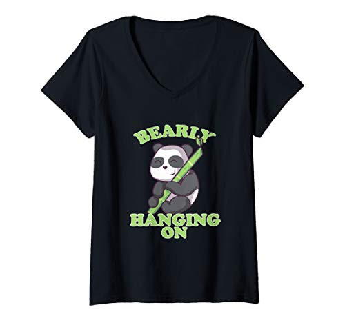 Womens Goth Kawaii Panda with Bamboo Barely Hanging On Bear Pun V-Neck T-Shirt