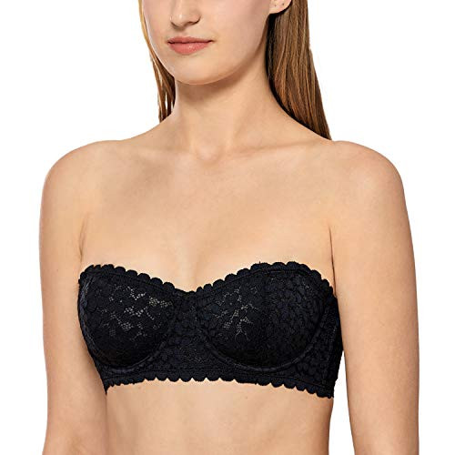 DOBREVA Women's Lace Strapless Balconette Bandeau Tube Top Unlined Underwire Bra Black 34A DOBREVA Women's Lace Strapless Balconette Bandeau Tube Top Unlined Underwire Bra Black 34A