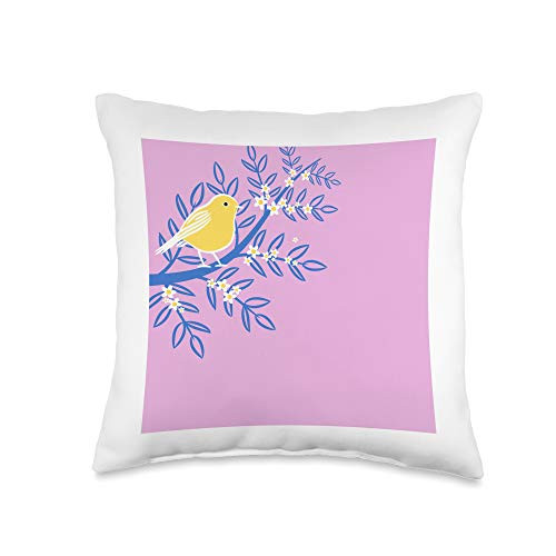 Abstract Art Decor Gifts Yellow Bird on Blue Branch Pink Background Print Decor Gift Throw Pillow 16x16 Multicolor