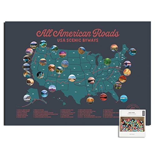 Epic Adventure Maps All American Road Trip Travel Map - Push Pin Map 24" x 17" - USA Map That Marks Iconic Scenic Byway Roadtrips Through America - Multicolored Pushpins Included - Great