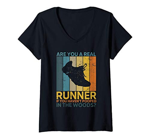 Womens Funny Running Pooped In The Woods Gift For Trail Runners V-Neck T-Shirt