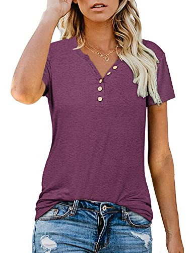 Magritta V-Neck Tees for Women Short Sleeve Henley Shirt Tunic Casual Blouses Summer Purple Red S