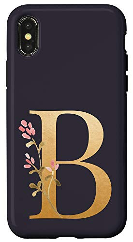 iPhone X-XS Floral Monogram Initial Letter B Boho Pink Flower Navy Blue Case