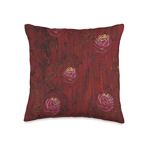 Decorative Pillows and Cushions Red Pattern with Yellow Gold Floral Details Throw Pillow 16x16 Multicolor