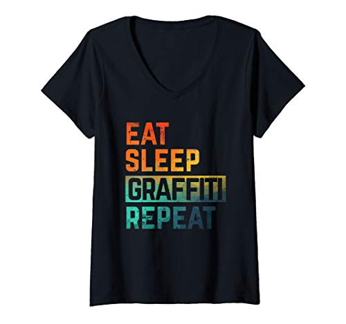 Womens Spray Paint Graffiti Eat Sleep Repeat Watercolor V-Neck T-Shirt