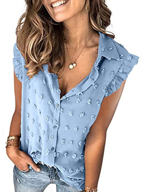 Sidefeel Womens Casual V Neck Swiss Dot Pom Pom Buttom Down Shirt Solid Sleeveless Chiffon Blouse Tops Sky Blue Medium