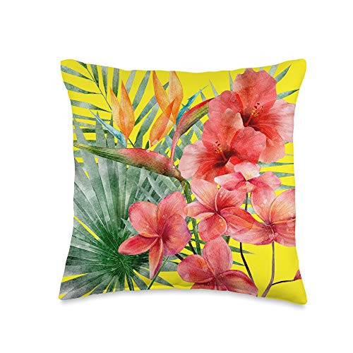 Pretty Watercolors Designs Tropical Paradise Colorful Flowers Leaves Yellow Collage Throw Pillow 16x16 Multicolor