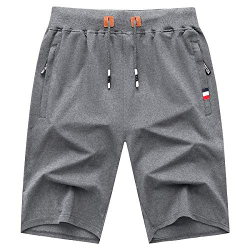 GEEK LIGHTING Mens Shorts Casual Comfortable Workout Shorts Drawstring Zipper Pockets Elastic Waist Grey Large