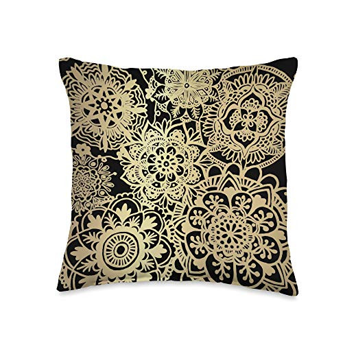 MandalaGrips Black Yellow Mandala Flower Pattern Dark Elegant Contrast Throw Pillow 16x16 Multicolor
