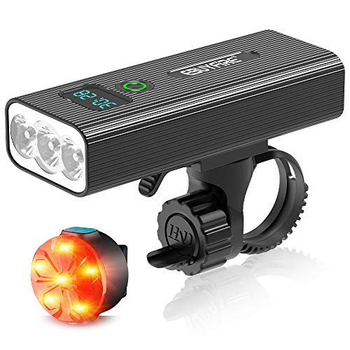 EBUYFIRE Bicycle Lights Set USB RechargeableSuper Bright Bicycle Front Headlight and Back Taillight 5 Light ModesIPX5 WaterproofLED Digital Display Bike Light for All Bicycles-1200lumen-