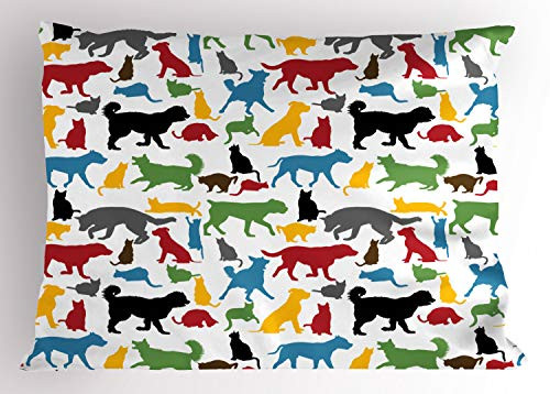 Ambesonne Cats Pillow Sham Colorful Cats and Dogs Animal Silhouettes Domestic Pets Cartoon Canine Characters Decorative Standard King Size Printed Pillowcase 36" X 20" Multicolor