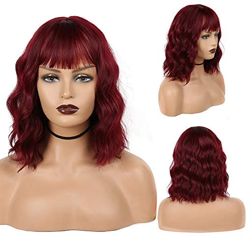Wavy Wig Short Bob Wigs With Air Bangs 14Inch Shoulder Length Women's Short Wig Curly Wavy Synthetic Wig with Natural Looking Topper Daily Party Wedding Cosplay Wig Pastel Bob Wig for Girl Colorful Costume Wigs -Burgundy Wine Red-
