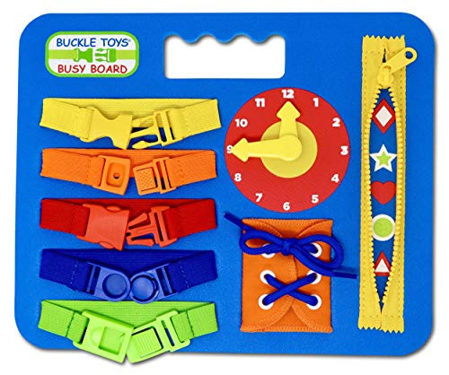 Buckle Toys Busy Board - Montessori Learning Toy for Toddlers - Develop Fine Motor Skills - Teach Telling Time - Learn to Tie Shoes - Easy Travel Toy - Blue