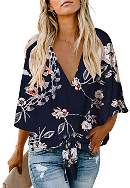 Women's Casual Floral Blouse Batwing Sleeve Loose Fitting Shirts Boho Knot Front Tops Navy L