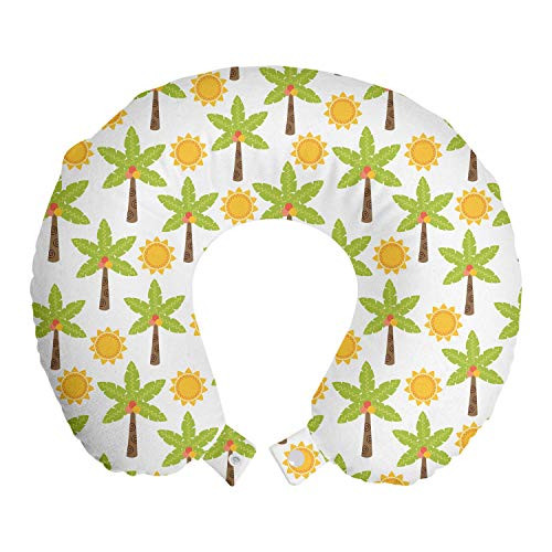 Ambesonne Palm Tree Travel Pillow Neck Rest Tropical Tree and Sun Exotic Caribbean Island Themed Pattern Summer Fun Nature Memory Foam Traveling Accessory for Airplane and Car 12" Multicolor