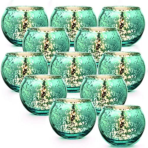 Votive Candle Holders Mercury Glass Tealight Candle Holder Set of 12 Perfect Centerpieces for Wedding Party Home Decor -Blue-