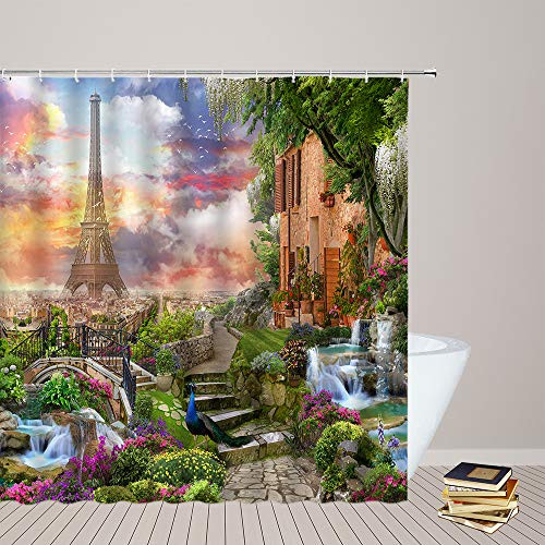 YinTonne Spring Scenery Shower Curtains Eiffel Tower European Architecture Green Plant Colorful Flower Peacock Pattern Print Bathroom Accessories Cloth Hanging Curtain Set with Hooks 70 x 70 Inch