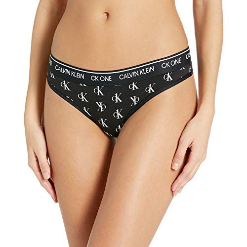 Calvin Klein Women's CK One Cotton Thong Panty Staggered Logo Black M
