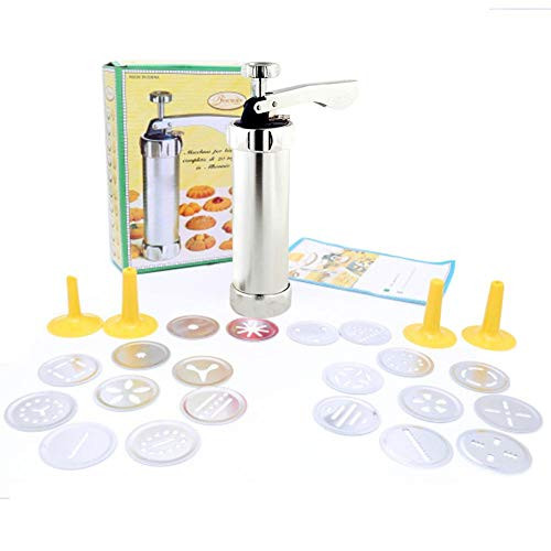Cookie Biscuit Press Gun Set Stainless Stee Icing Decorating Gun with 20 Biscuit Flower Molds 4 Cream Icing Tips Cake Decorating DIY Biscuit Cookie Pastry Gun Machine Biscuit and Churro Maker