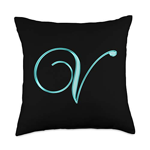 401Merch Monograms V Teal Black Turquoise Yellow Initial Monogram Letter Name Throw Pillow 18x18 Multicolor