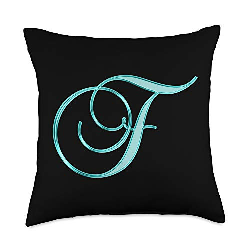 401Merch Monograms F Teal Black Turquoise Yellow Initial Monogram Letter Name Throw Pillow 18x18 Multicolor