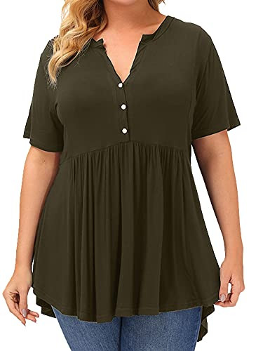 Allegrace Plus Size Summer Tops Women Short Sleeve Button Up Flowy Tunic Tops Army Green 1X