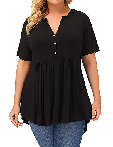 Allegrace Plus Size Tops Women Summer Short Sleeve Shirts Pleat Flowy Tunic Top Black 3X