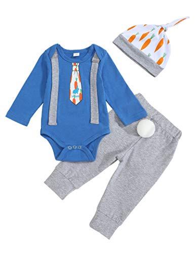 My First Easter Baby Boy Easter Outfit Bunny Long Sleeve Gentleman Romper Pant Hat Clothes Outfit Set 3-6 months