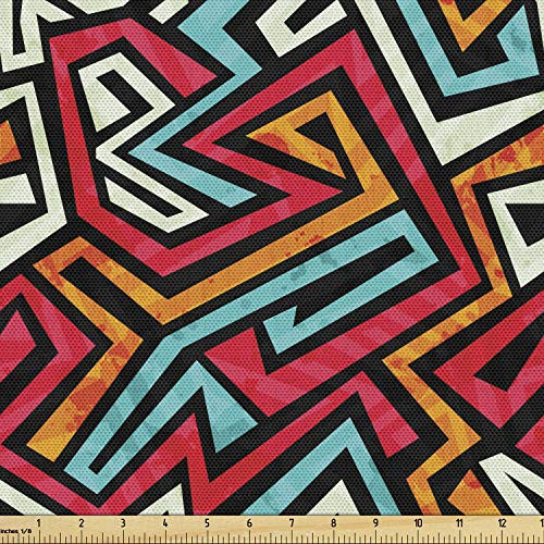 Lunarable Tribal Fabric by The Yard Funky Groovy Grunge Graffiti Style Avant Garde Decorative Fabric for Upholstery and Home Accents 2 Yards Coral Orange