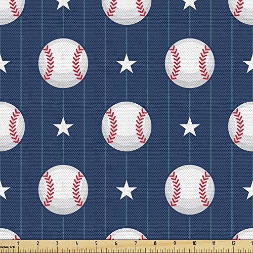 Ambesonne Sports Fabric by The Yard Baseball Patterns on Vertical Striped Background Stars Design Decorative Fabric for Upholstery and Home Accents 2 Yards Blue Red
