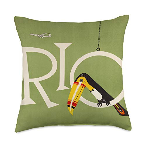 Retro Vintage Movie posters Prints Ads Brazil Toucan Airline Vintage Travel Poster Rio De Janeiro Throw Pillow 18x18 Multicolor