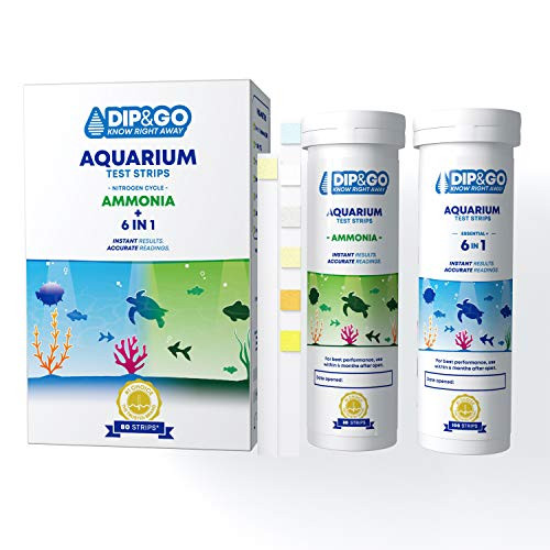 DIP  and  GO Aquarium Test Strips. Aquarium Water Test Kit and Ammonia Test Kit for Aquarium. Range-Guided and Easy-to-Read Color Corrected Results. Aquarium Test. -Ammonia  and  6-in-1 Combo-