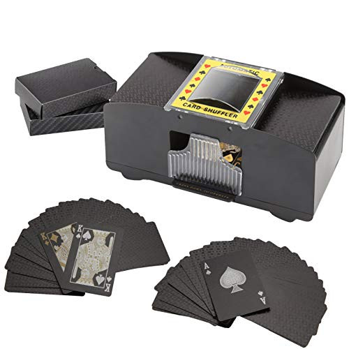 AMAMIA Shuffler and Cards?Automatic 2-Deck Card Shuffler  plus2 Decks Black Foil Waterproof Playing Cardsfor Home Card GamesBlackjackPokerRummy