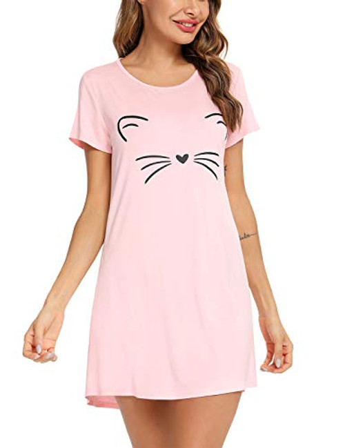 EISHOPEER Sleep Shirts for Women Short Sleeve Cotton Nightgown Soft Night Shirt Secret Treasures Sleepwear Lounge Dress Pink Medium