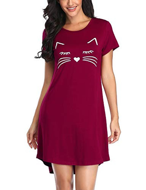 EISHOPEER Cat Night Shirt for Women Cotton Sleepwear Dress Cute Print Sleep Shirts Soft Nightgown Wine Red
