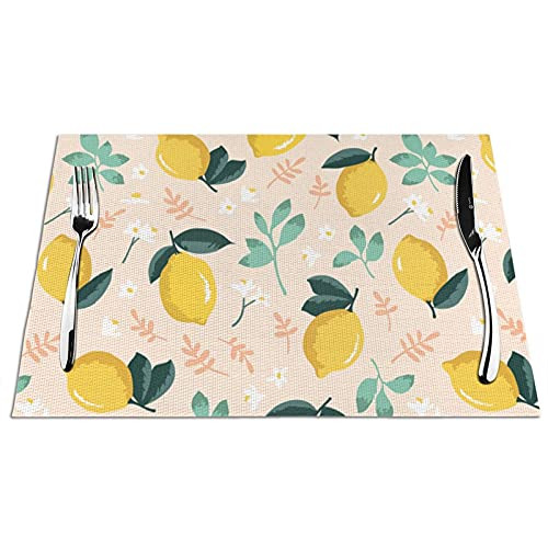 Summer Lemon Fruit Flower Placemats Set of 4 Washable Dining Table Mats Woven Vinyl Mat for Kitchen Decor Heat Resistant Non-Slip 12 x 18 Inches