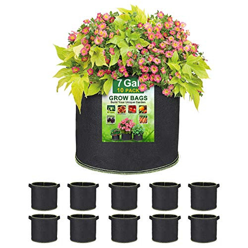 SunArea 10-Pack 7 Gallon Grow Bags Thickened Nonwoven Aeration Fabric Pots with Reinforced Handles Heavy Duty Plant Grow Bag for Gardening