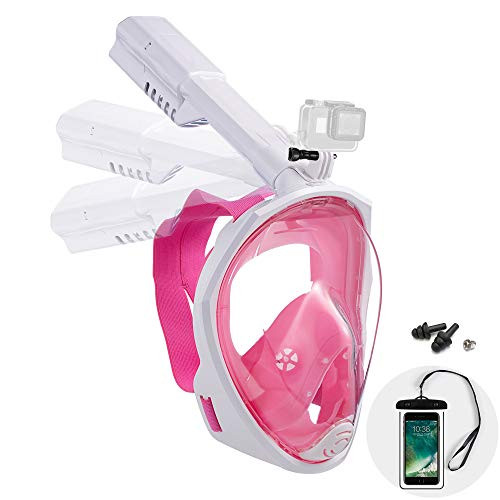 Dekugaa Full Face Snorkel Mask Adult Snorkeling Mask with Detachable Camera Mount 180 Degree Panoramic Viewing Upgraded Dive Mask with Safety Breathing System -Pink Large-