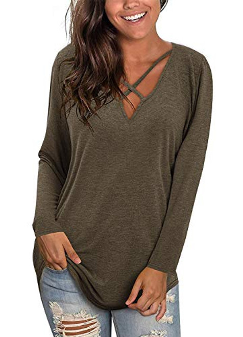 Womens V Neck Long Sleeve Shirts Sexy Criss Cross Tunic Tops Casual Cotton Tees T Shirts -X-Large Dark Brown-