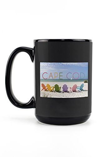 Lantern Press Cape Cod Massachusetts Colorful Beach Chairs -15oz Black Ceramic Mug Dishwasher and Microwave Safe-